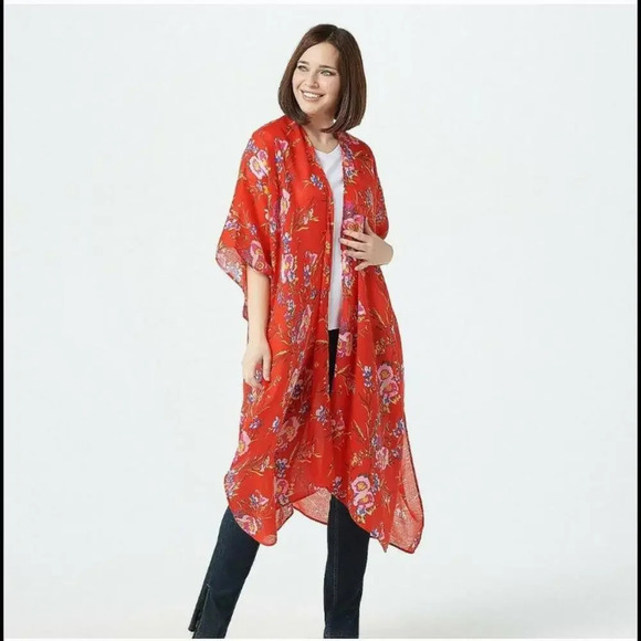 G.I.L.I. Women's Petite Plus Size Open-Front Floral Printed Duster - Red Orange - Picture 1 of 9